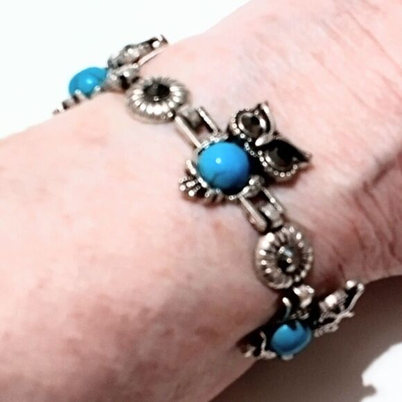 Vintage Silver Tone Owl Bracelet Faux Turquoise and Black Rhinestone - Picture 4 of 5